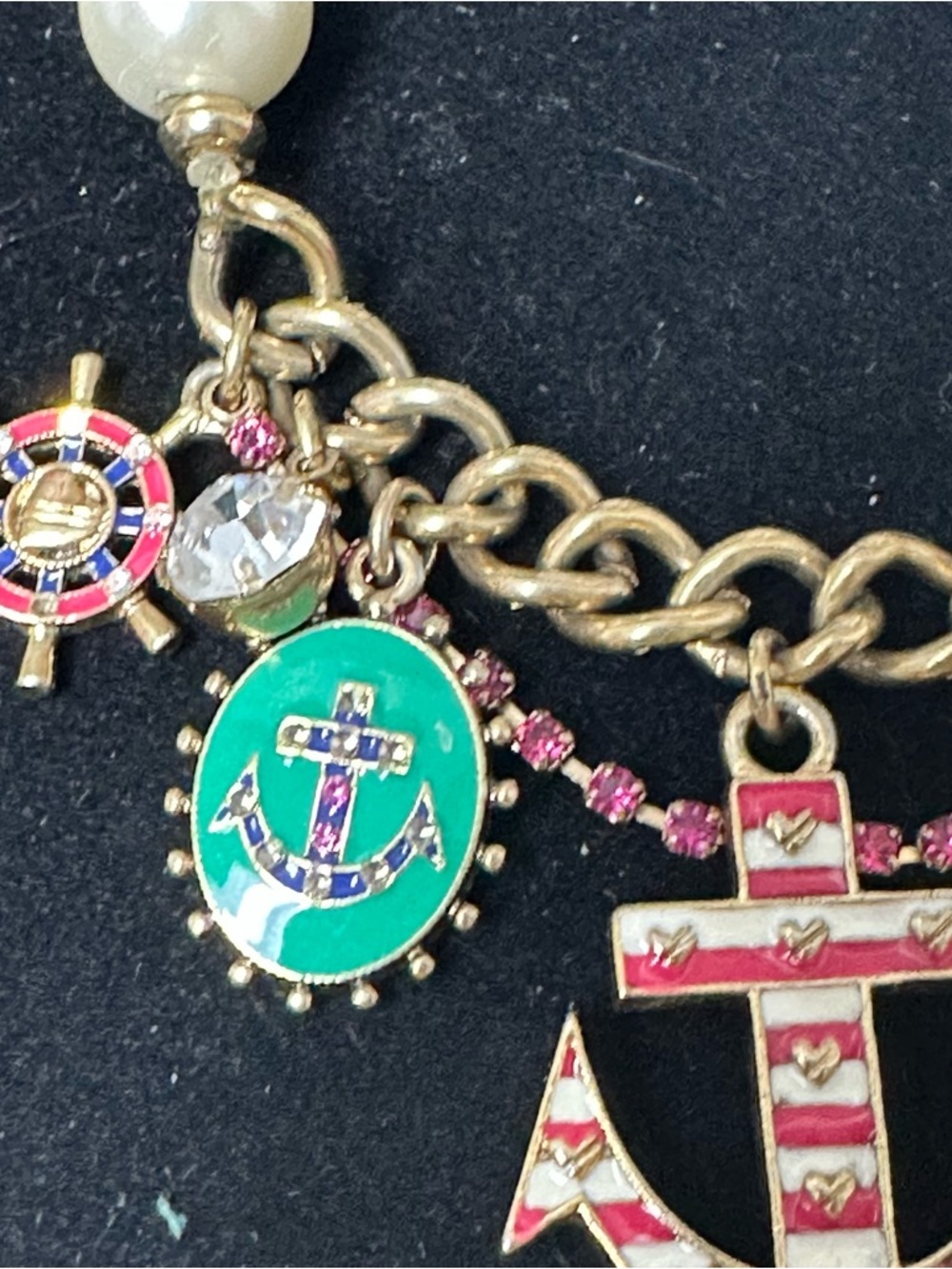 Betsey Johnson Gold Tone Bracelet with Pearl Beads and Red-Striped Anchor Charm - Picture 2 of 3
